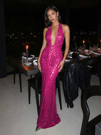 Sequin Halter Deep V-Neck Ruched Mermaid Maxi Evening Dresses for Women