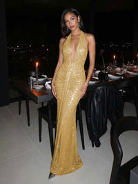 Sequin Halter Deep V-Neck Ruched Mermaid Maxi Evening Dresses for Women