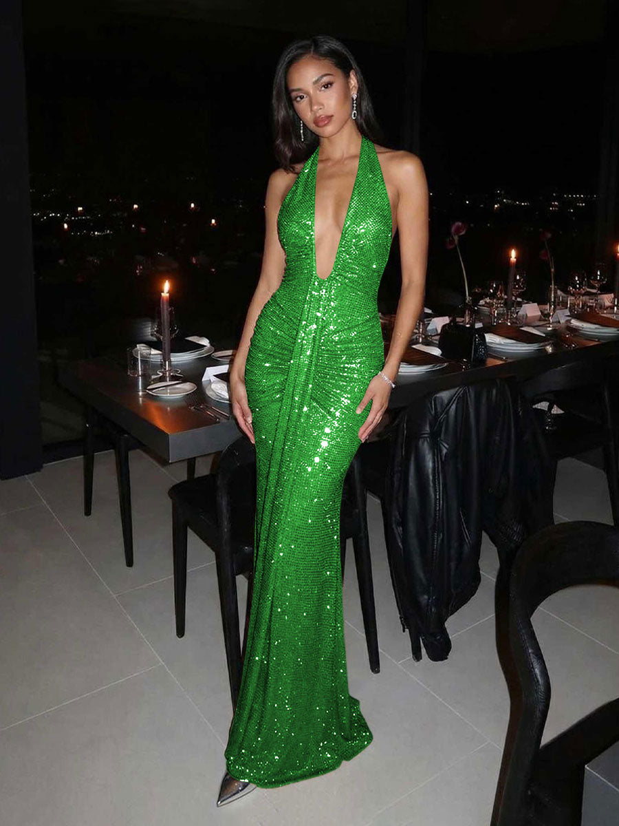 Sequin Halter Deep V-Neck Ruched Mermaid Maxi Evening Dresses for Women