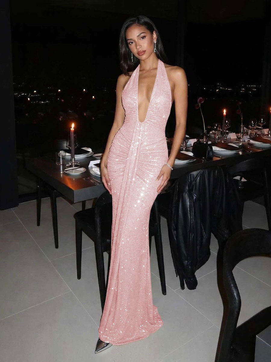 Sequin Halter Deep V-Neck Ruched Mermaid Maxi Evening Dresses for Women