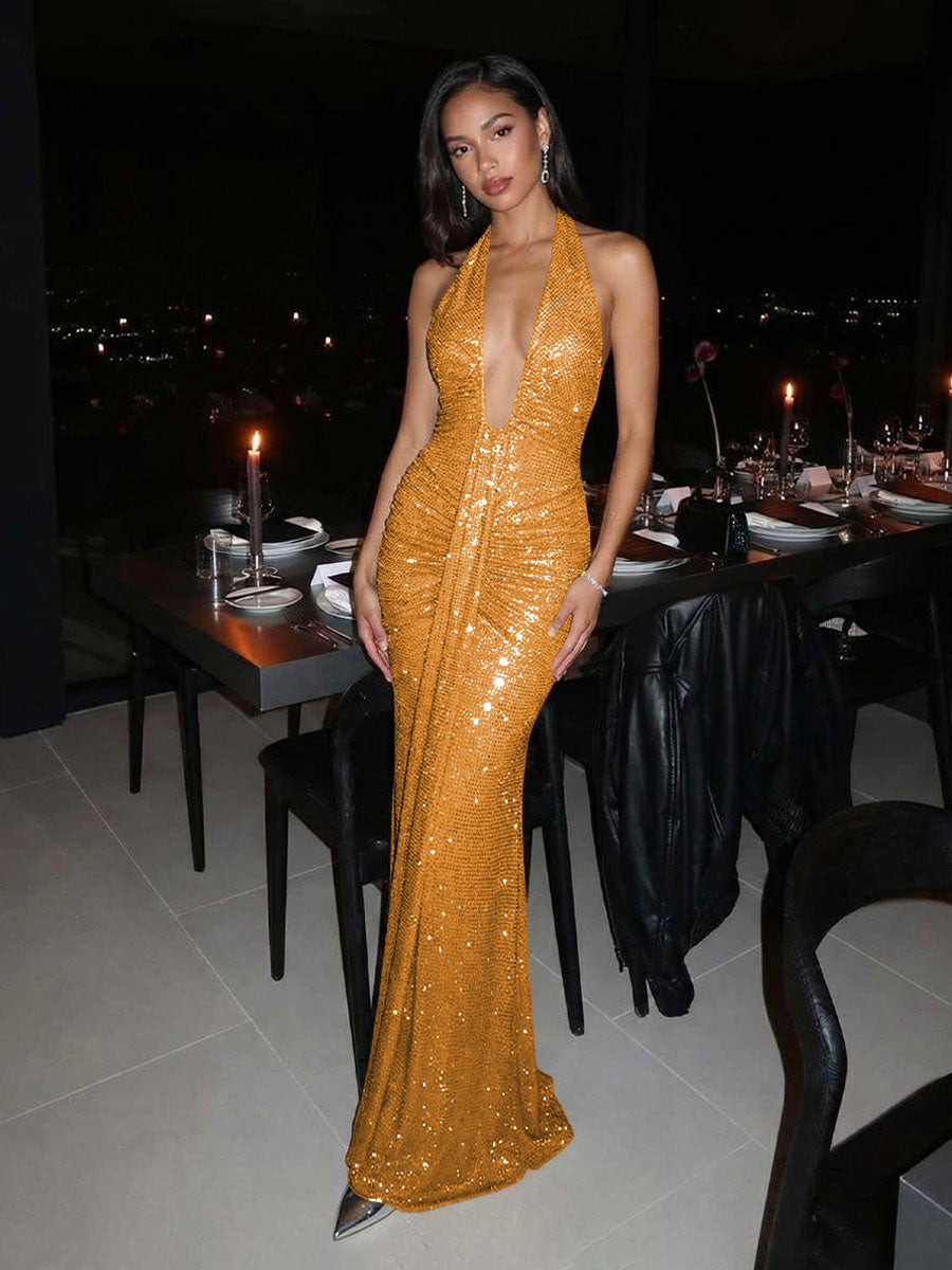 Sequin Halter Deep V-Neck Ruched Mermaid Maxi Evening Dresses for Women