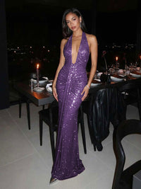 Sequin Halter Deep V-Neck Ruched Mermaid Maxi Evening Dresses for Women