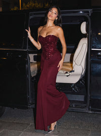 Sequin Chiffon Strapless Sweetheart Ruched Corset Sheath Maxi Evening Dresses for Women