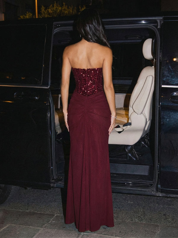 Sequin Chiffon Strapless Sweetheart Ruched Corset Sheath Maxi Evening Dresses for Women