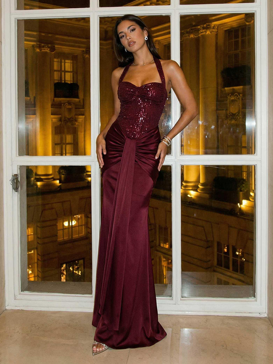 Sequin Satin Halter Sweetheart Ruched Sheath Maxi Evening Dresses for Women