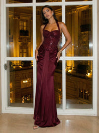 Sequin Satin Halter Sweetheart Ruched Sheath Maxi Evening Dresses for Women