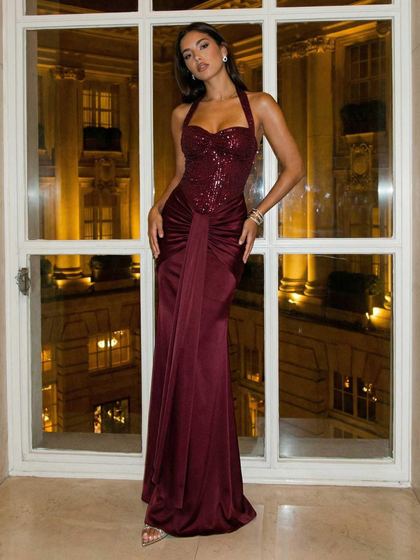 Sequin Satin Halter Sweetheart Ruched Sheath Maxi Evening Dresses for Women