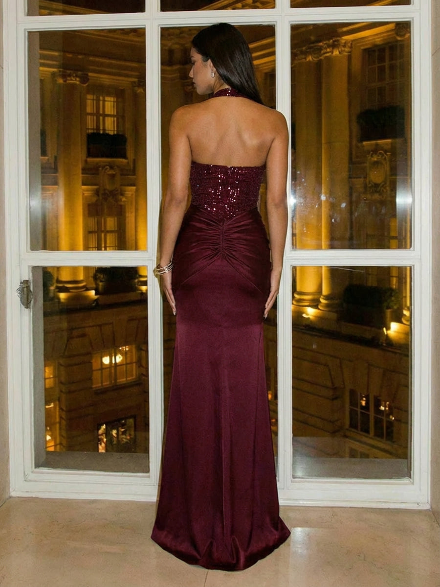 Sequin Satin Halter Sweetheart Ruched Sheath Maxi Evening Dresses for Women