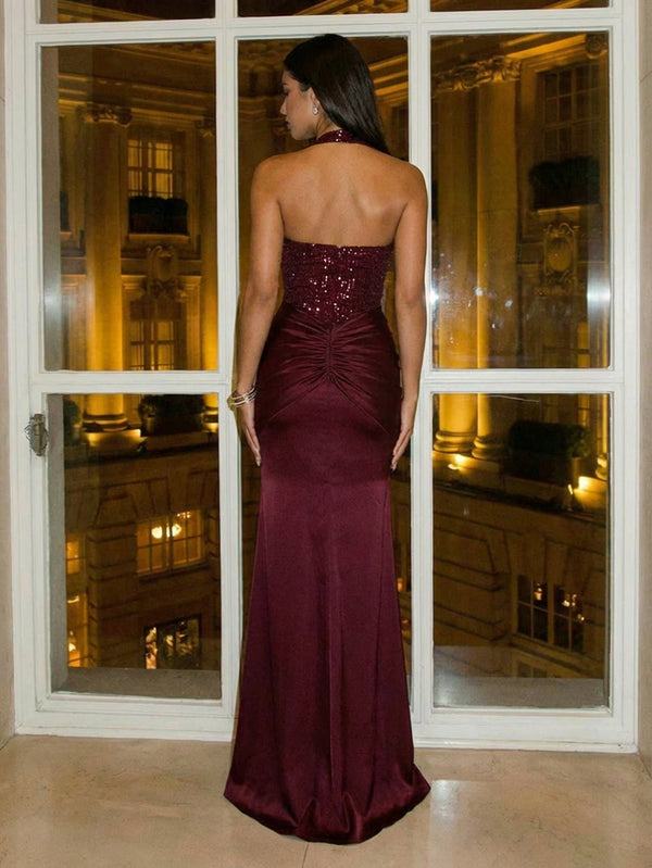 Sequin Satin Halter Sweetheart Ruched Sheath Maxi Evening Dresses for Women