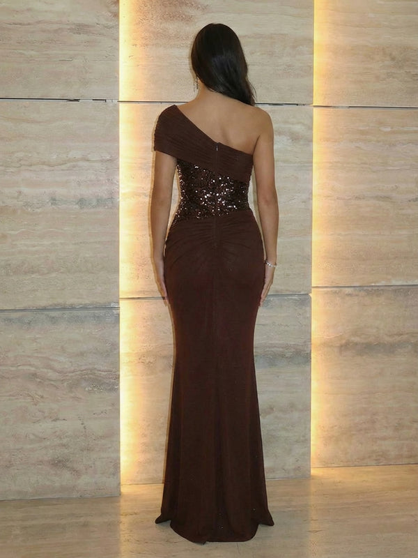 Stretch Fabric Sequin One-Shoulder Ruched Mermaid Maxi Evening Dresses for Women