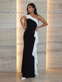 Satin Ruffles One-Shoulder Sheath Floral Applique Maxi Evening Dresses for Women