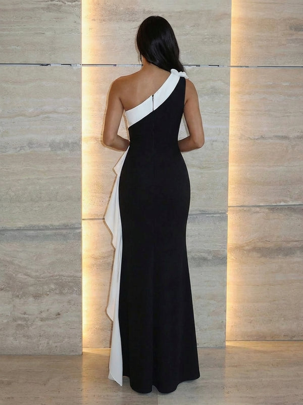 Satin Ruffles One-Shoulder Sheath Floral Applique Maxi Evening Dresses for Women