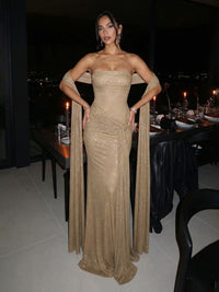 Glitter Stretch Jersey Strapless Ruched Sheath Maxi Evening Dresses with Scarf