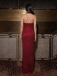 Sequin Halter Ruched Sheath Maxi Evening Dresses for Women