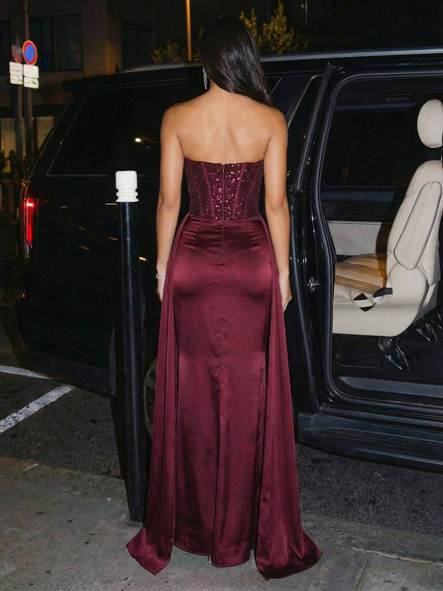 Satin Sequin Strapless Sweetheart Ruched Corset Sheath Maxi Evening Dresses for Women