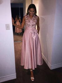 Tea Length A-Line Satin Collar Neck Bow Belt Evening Dresses Maxi Gowns with Sequin Bodice & Functional Pockets