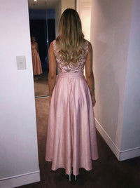 Tea Length A-Line Satin Collar Neck Bow Belt Evening Dresses Maxi Gowns with Sequin Bodice & Functional Pockets