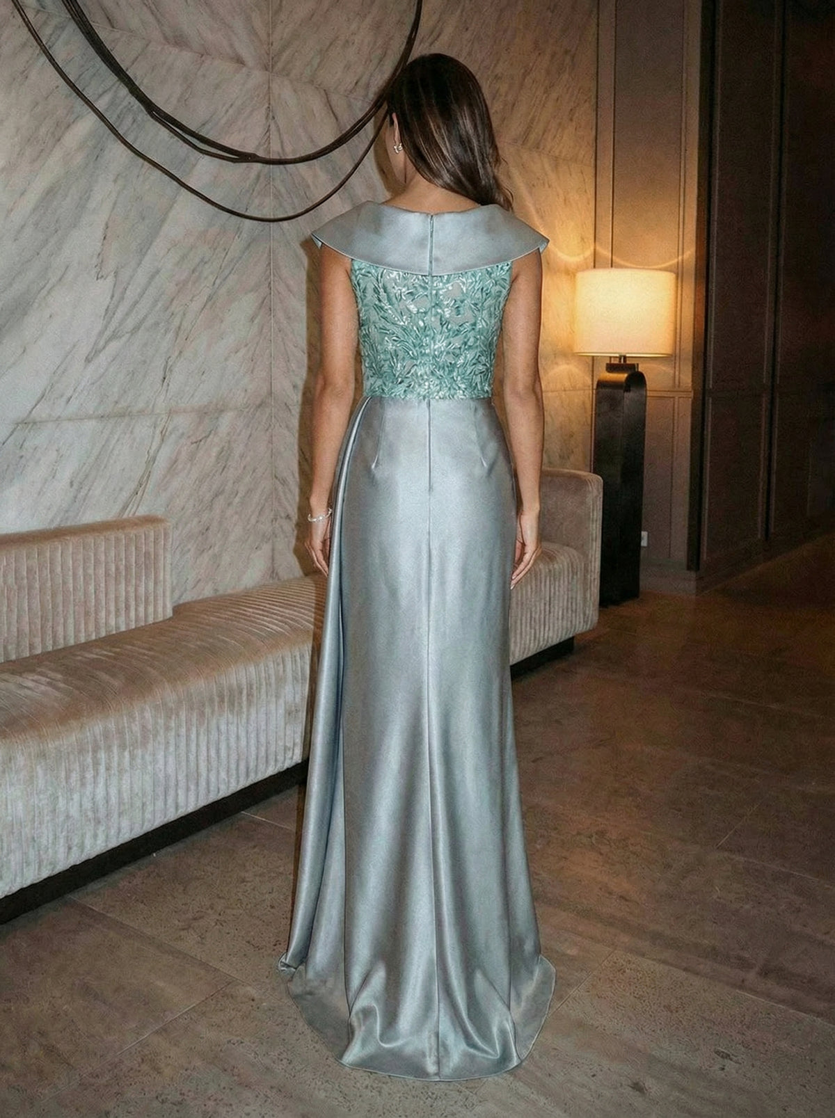 Floor Length Sheath Satin Collar Neck Evening Dresses Maxi Gowns with Sequin Embroidery