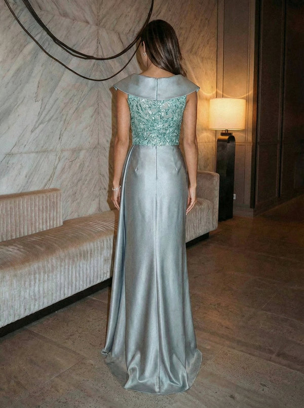 Floor Length Sheath Satin Collar Neck Evening Dresses Maxi Gowns with Sequin Embroidery
