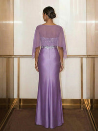 Sheath Satin Sheer Cape Sleeve Evening Dresses Maxi Gowns with Sequin Embroidery