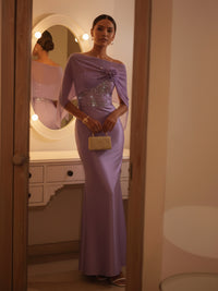 Sheath Satin Sheer Cape Sleeve Evening Dresses Maxi Gowns with Sequin Embroidery