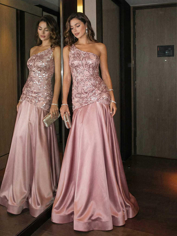 Mermaid/Trumpet Satin One Shoulder Evening Dresses Maxi Gowns with Sequin Embroidery
