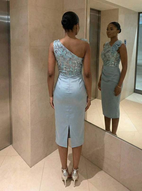 Satin Sheath One Shoulder Midi-Length Evening Dresses with Sequin Embroidery & 3D Floral Detail