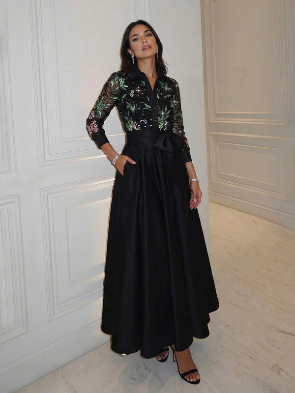 A-Line Floor-Length Satin Evening Dresses Shirt Collar Formal Gowns with Bow Waist & Pockets
