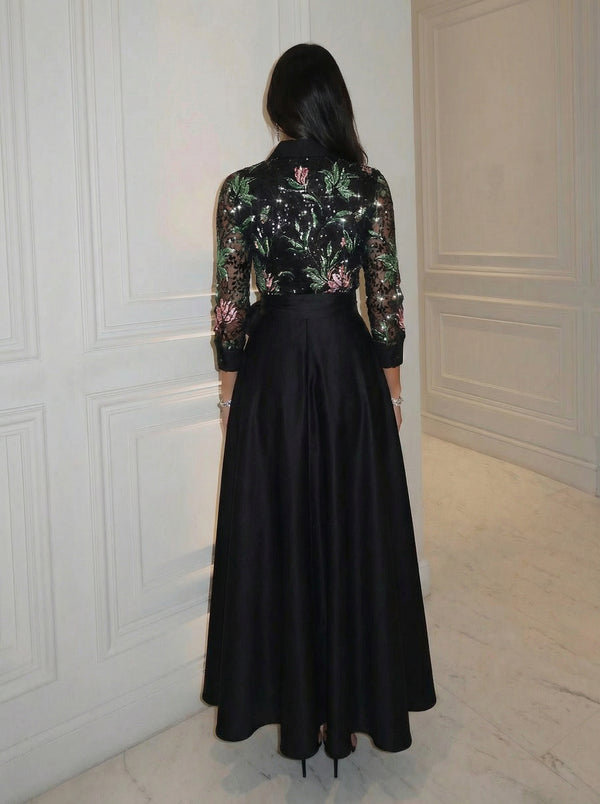 A-Line Floor-Length Satin Evening Dresses Shirt Collar Formal Gowns with Bow Waist & Pockets