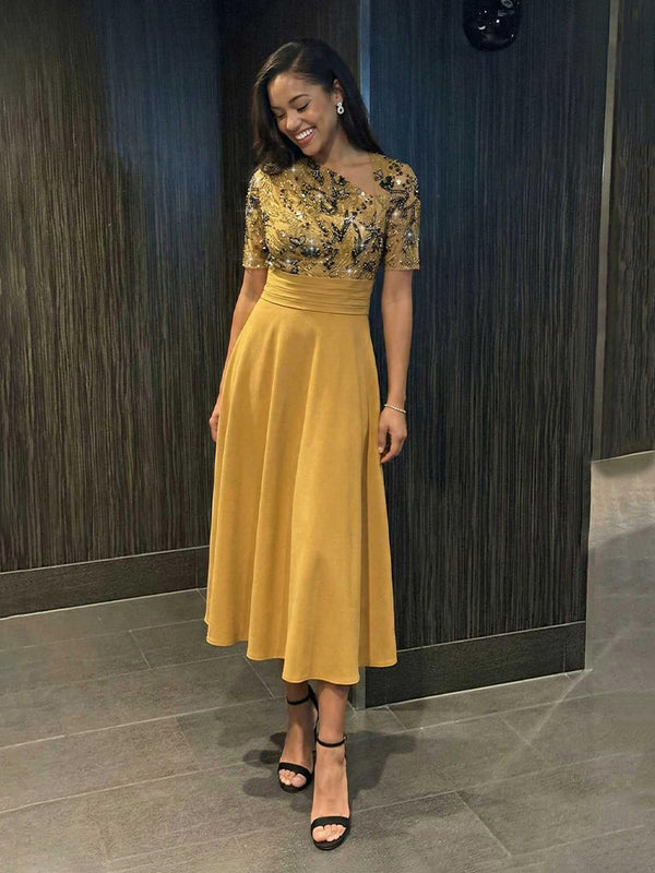 Evening Formal Dresses Yellow A-Line Midi-Length Satin Short Sleeves Asymmetrical Neck Tea-Length with Sequin Embroidery Wedding Guest Dresses