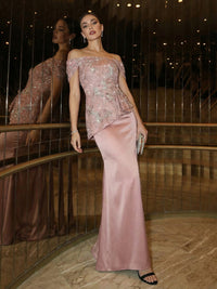 Sheath Satin Off Shoulder Maxi Evening Dresses with Peplum Bodice & Sequin Embroidery