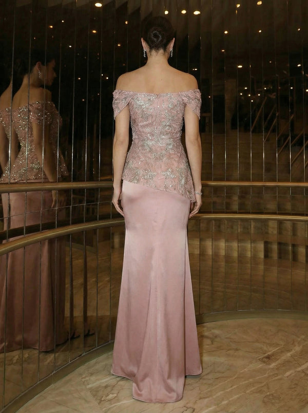Sheath Satin Off Shoulder Maxi Evening Dresses with Peplum Bodice & Sequin Embroidery
