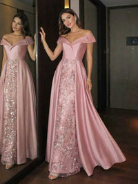 A-Line Satin Floor-Length Off Shoulder Evening Dresses with Sequin Embroidery