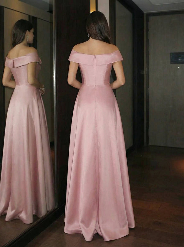 A-Line Satin Floor-Length Off Shoulder Evening Dresses with Sequin Embroidery