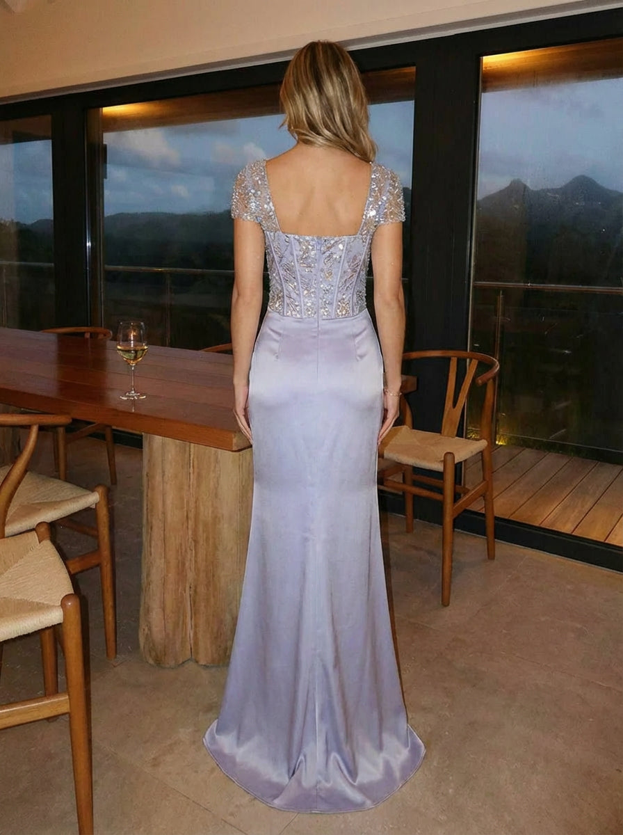 Sheath Satin Square Neck Corset Bodice Evening Dresses with Beaded Sequin Embroidery
