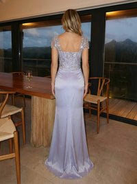 Sheath Satin Square Neck Corset Bodice Evening Dresses with Beaded Sequin Embroidery