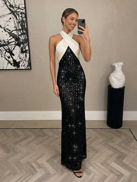 Sheath Sparkly Sequin Floor-Length Crisscross Halter Evening Dresses