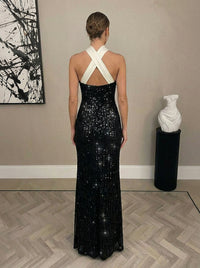 Sheath Sparkly Sequin Floor-Length Crisscross Halter Evening Dresses