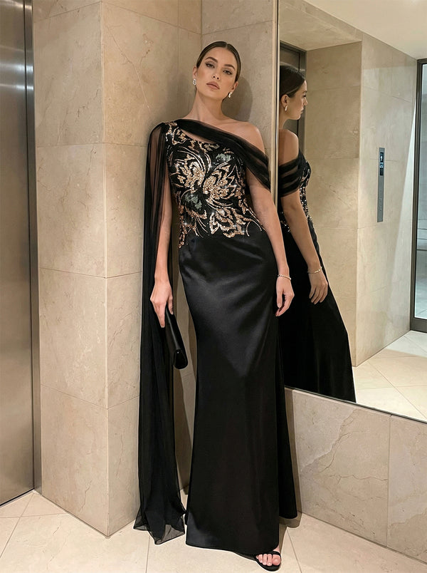 Sheath Satin One Shoulder Cape Evening Dresses Floor-Length Formal Gowns Floral Sequin Embroidery