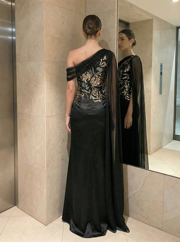 Sheath Satin One Shoulder Cape Evening Dresses Floor-Length Formal Gowns Floral Sequin Embroidery