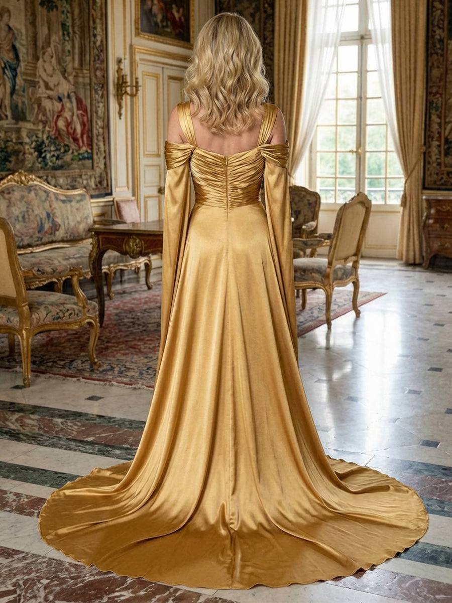 Sheath/Column Cape Sleeves Off Shoulder Satin Evening Dresses Pleated Formal Gala Gowns with Sweep Train & High Slit