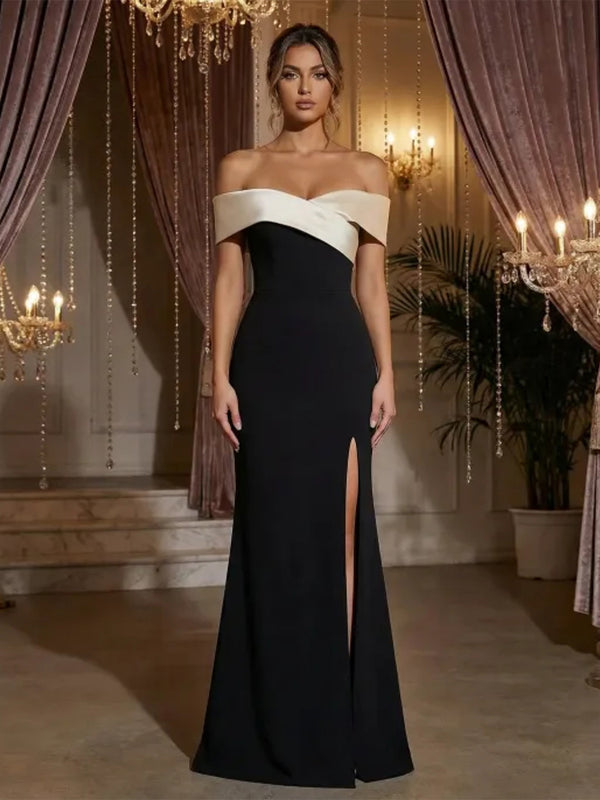 Sheath/Column Satin Off Shoulder Sweetheart Evening Dresses Floor-Length Formal Gala Gowns with Slit