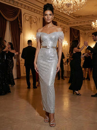 Sheath/Column Sparkly Sequin Off Shoulder Evening Dresses Ankle-Length Formal Gown with Ruffle Cap Sleeves & Waist Belt