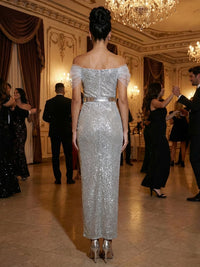 Sheath/Column Sparkly Sequin Off Shoulder Evening Dresses Ankle-Length Formal Gown with Ruffle Cap Sleeves & Waist Belt
