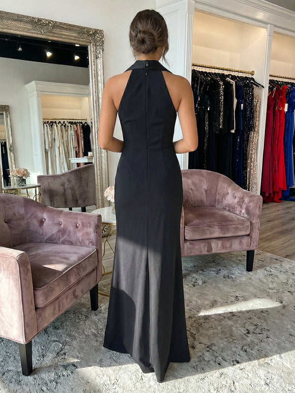 Sheath/Column Satin Halter Tuxedo Lapel V-Neck Evening Dresses Maxi Ruched Waist Formal Gowns with High Slit