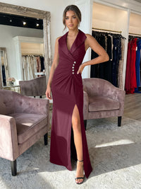 Sheath/Column Satin Halter Tuxedo Lapel V-Neck Evening Dresses Maxi Ruched Waist Formal Gowns with High Slit