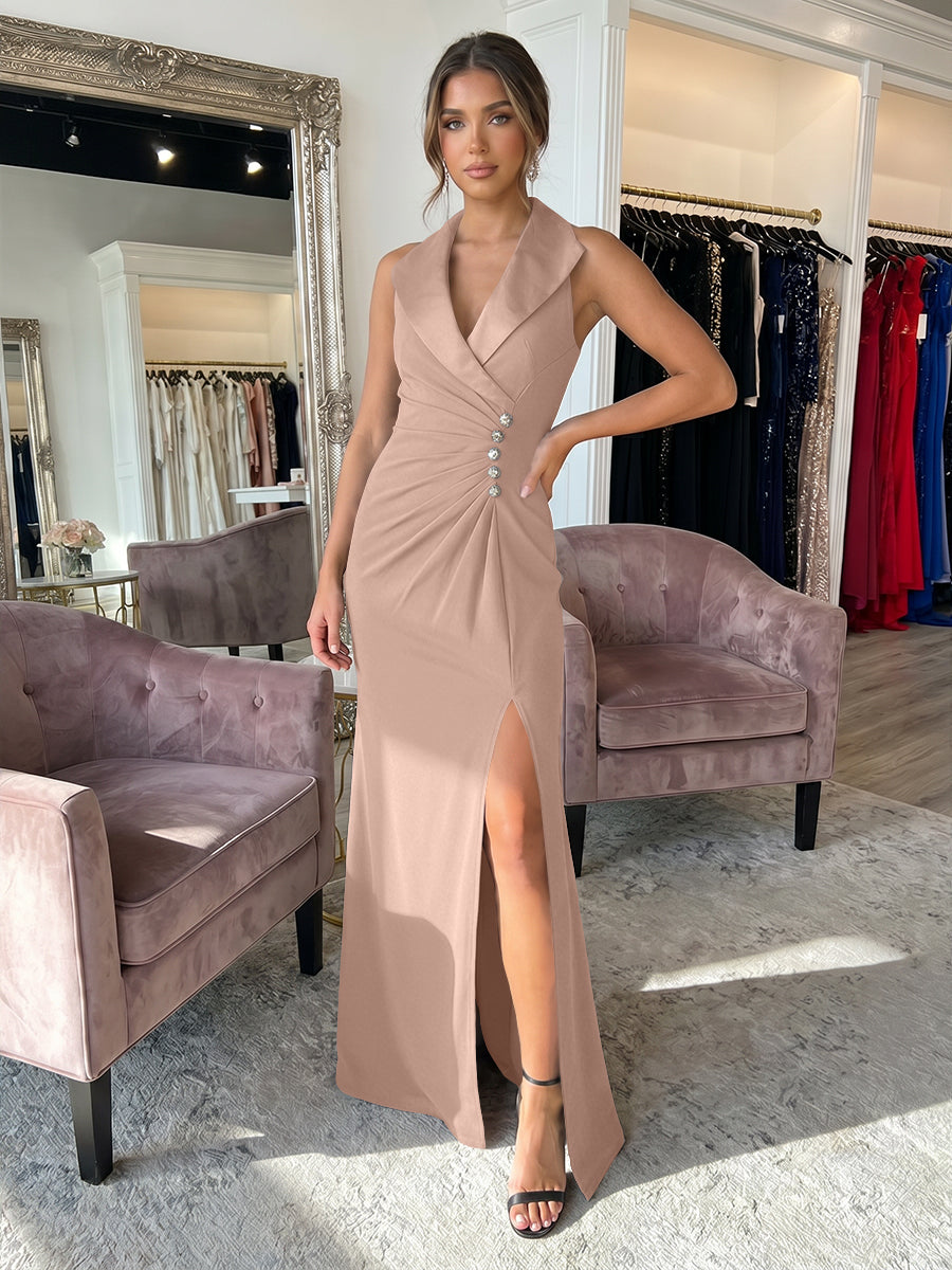 Sheath/Column Satin Halter Tuxedo Lapel V-Neck Evening Dresses Maxi Ruched Waist Formal Gowns with High Slit
