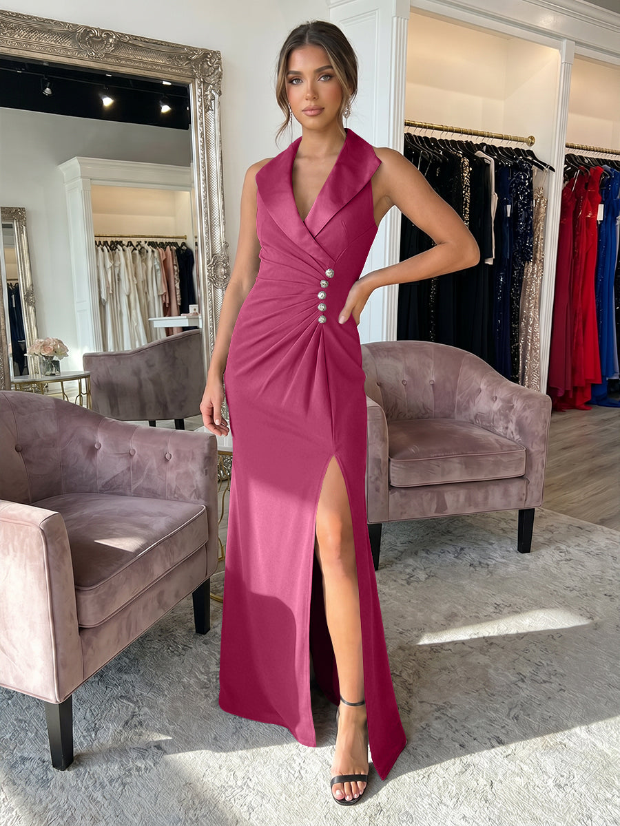 Sheath/Column Satin Halter Tuxedo Lapel V-Neck Evening Dresses Maxi Ruched Waist Formal Gowns with High Slit