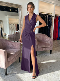 Sheath/Column Satin Halter Tuxedo Lapel V-Neck Evening Dresses Maxi Ruched Waist Formal Gowns with High Slit
