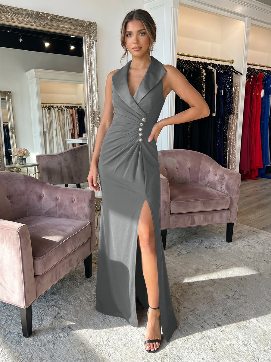 Sheath/Column Satin Halter Tuxedo Lapel V-Neck Evening Dresses Maxi Ruched Waist Formal Gowns with High Slit